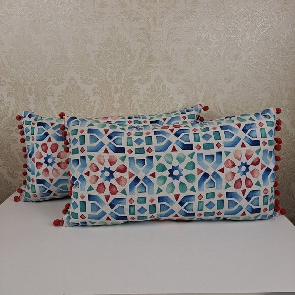 Allen + Roth Pair (2) Multi Tile Geometric Pattern Lumbar Pillows PomPom Detail - Picture 1 of 7